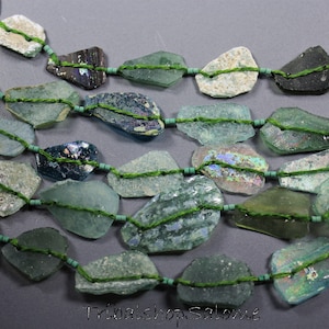 Ancient Roman Glass Shard Beads with 2 Holes, app. 2 x 1,5 cm / 0,8 x 0,5 in, Glass Shard Necklace, Mostly Green Shades