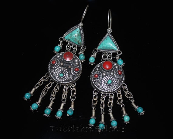Central Asia Boho Hippie Statement Bukharai Design Turkoman Silver Earrings from Afghanistan Silk Road Jewelry Ethnic Earrings