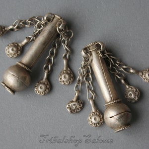 Pair of Old Silver Pipe Beads with Dangles, 45 mm long, Old Ethnic Silver Beads