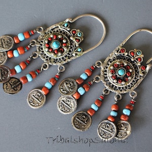 Herati Silver Earrings with Dangles, Vintage Authentic Ethnic Earrings with Coral Beads, Silk Road Jewelry, Boho Hippie Statement