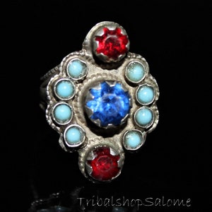 Vintage Afghan Silver Ring with Glass Jewels, US 8, Old Ethnic Tribal Nomad Ring, Collectors Piece, Gift for Her