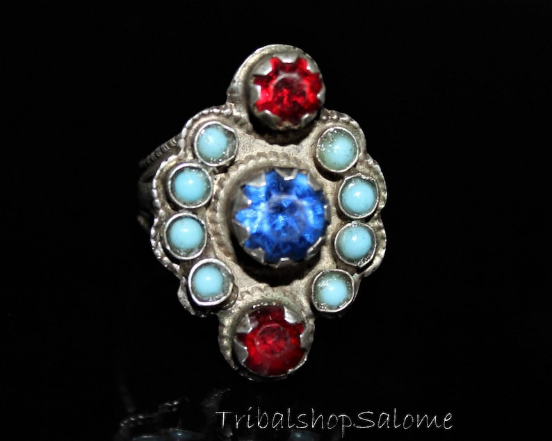 Collectors Piece Gift for Her Vintage Afghan Silver Ring with Glass Jewels US 8 Old Ethnic Tribal Nomad Ring