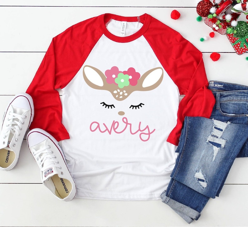 Kids Children Girls Reindeer Face Print Glitter Nose Cap Sleeve Christmas TShirt