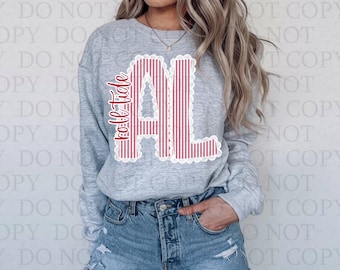 May include: A light gray long-sleeve crewneck sweatshirt featuring a graphic on the chest with the text "roll tide" and the letters "AL" in a red and white vertical striped pattern, outlined with a white scalloped lace-like border design.
