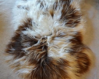 Op de afbeelding: Een langharig schapenvachtkleed met een natuurlijk kleurpatroon van crèmewitte en donkerbruine vlekken. De vacht is dik, golvend en getextureerd, wat een gevarieerd uiterlijk geeft over het gehele oppervlak van de huid met organische vormen.