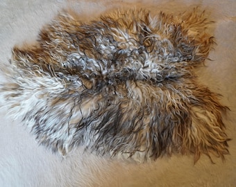 Op de afbeelding: Een langharig schapenvachtkleed met een natuurlijk kleurenpalet van crème, beige, bruin en antracietgrijs. De vezels zijn krullend en getextureerd, wat zorgt voor een dichte, ruige uitstraling met gevarieerde tinten in een onregelmatige vorm.