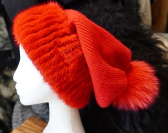 Beautiful Bright Red Pure Merino Beanie with Genuine MInk Trim and Fox Fur Pompom