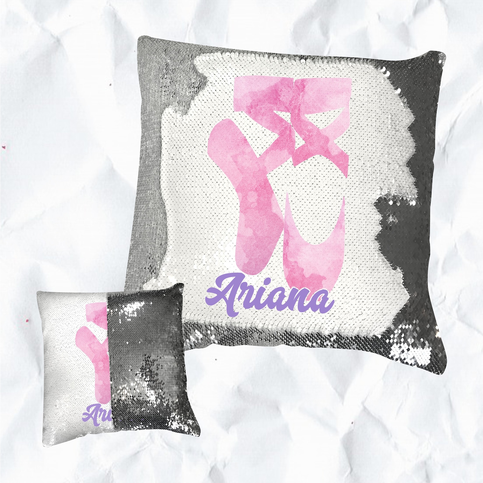 ballet slippers watercolor sequin throw pillow, personalized easter gift with name, choose color and font