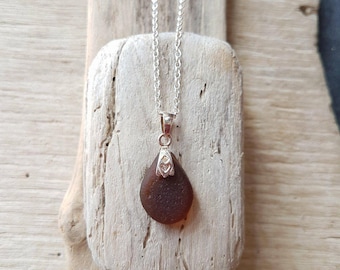 Brown seaglass, seaglass necklace, brown seaglass pendant. Seaglass jewelry, gift for her, brown pendant