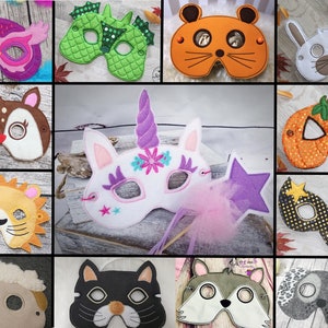 Puede incluir: Una colección de máscaras de animales de fieltro para niños. Las máscaras presentan una variedad de animales, incluyendo un unicornio, un dragón, un ciervo, un león, un gato, un lobo, una oveja, una calabaza, un conejo, un búho y una estrella. Las máscaras son todas de colores brillantes y tienen detalles bordados.