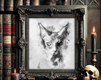 Sphynx-tryck, fyrkantigt tryck, kattfotografi, väggkonst, heminredningstryck, gotisk dekor, konsttryck, gotisk heminredning, svartvitt tryck