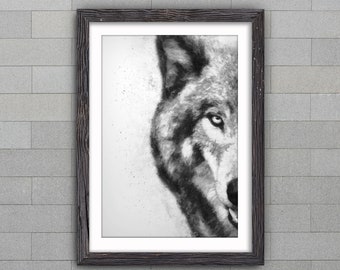 Wolf Art Print, zwart-witte wolf, gotische dierenkunst, cadeau dierenliefhebber, kunst aan de muur dieren in het wild, gotisch interieur