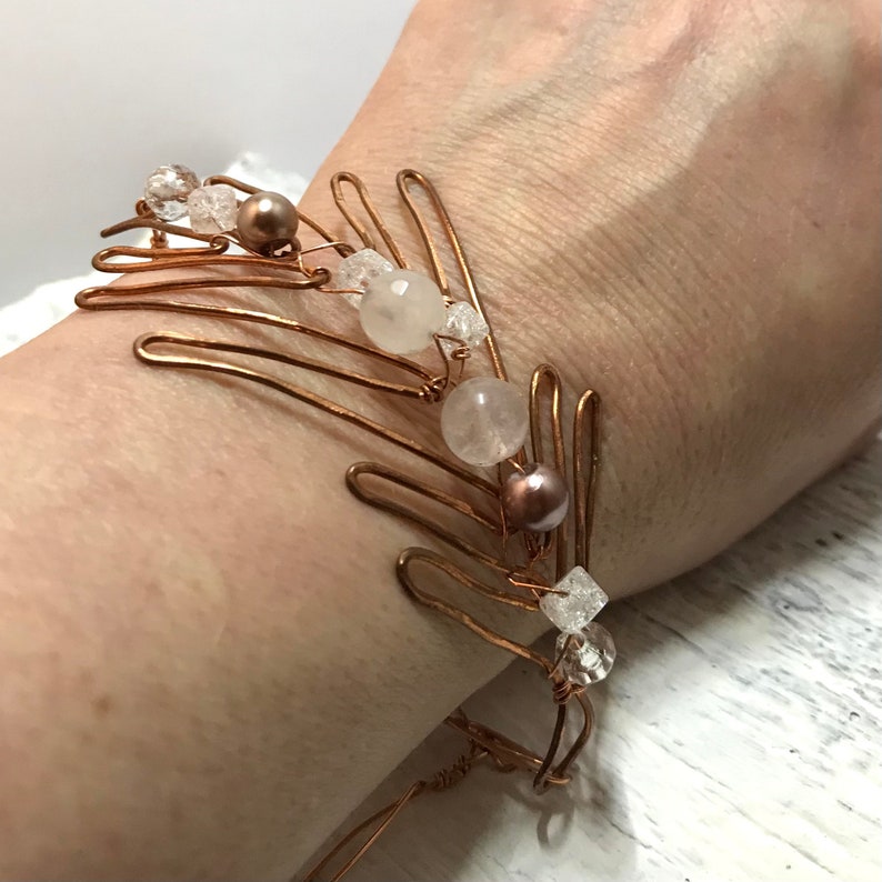 glass beads crystals beige beads Copper bracelet pine tree shape pink agate gem
