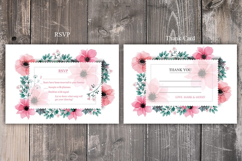 Pink Floral Wedding Invitation Package Printable Wedding Invitation Suite Flower Wedding Invites Instant Download