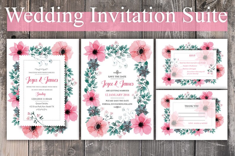 Pink Floral Wedding Invitation Package Printable Wedding Invitation Suite Flower Wedding Invites Instant Download