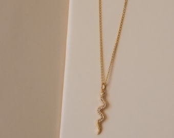 Gold Snake Pendant Necklace, Cubic Zirconia Serpent Charm