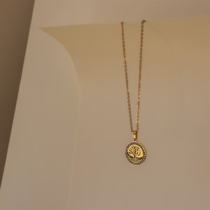 Dainty Gold Tree of life charm necklace with Cubic Zirconia crystal, elegant family tree pendant chain in 18ct plating