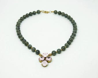 Natural Blue Rainbow Labradorite necklace with Pink Swarovski Crystals