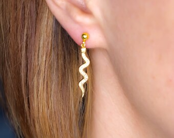 Gold Snake Dainty Stud Earring with Cubic Zirconia crystals