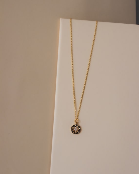 Gold Star Medallion Necklace, CZ Charm, Dainty Coin Disc