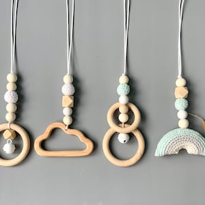 Pretty play arch pendant 4 pieces baby gym set pendant rainbow mint natural white light gray crocheted crochet beads wooden ring cloud bell