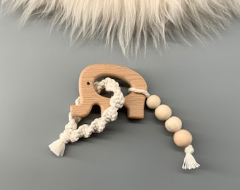 Natur Holz Elefant Makramee Montessori mit Holzperlen Greifring Greifling Neu