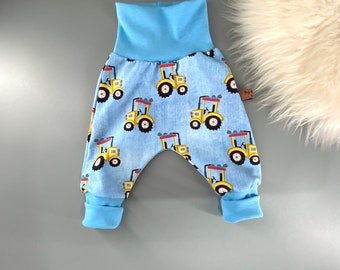 Baby Hose Pumphose Traktor Jersey hellblau gelb jeansblau Babyhose Mitwachshose Haremshose Gr. 50/56 Neu