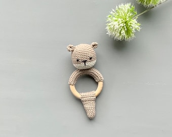 Baby Rassel Greifling Otter hellbraun cremeweiß Natur Holzring mit Sicherheitsaugen Greifring Neu