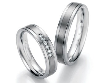Pair of Handmade Wedding Rings Wedding BandsTitanium and Steel with Diamond