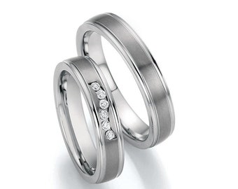 Pair of Handmade Wedding Rings Wedding BandsTitanium and Steel with Diamond