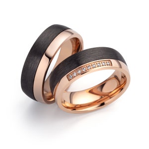Ring vriendschapsringen partnerringen verlovingsring voorstelring trouwringen van titanium en carbon, roos, met gravure