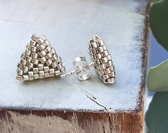 SILVER Triangle Stud Earrings/Sterling Silver Studs/Small Post stud beadwoven earrings/Beaded handmade earrings/3D Triangles