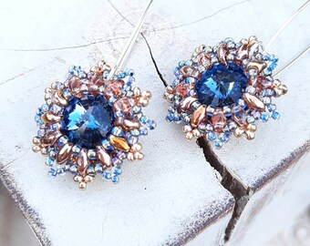 Montana Blue Crystal Swarovski Earrings/Beaded statement earrings/Special occasion earrings/Star beaded earrings/Christmas Jewellery