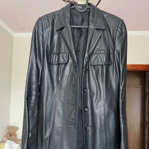 Vintage Black Genuine Leather Jacket, Women’s Long Blazer Coat, 90s, Minimalist Style Jacket, Size US 6 UK 10 EU 38