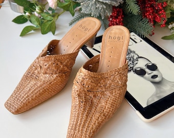 Vintage Högl Leather Mules Women’s 4.5 UK / 7 US / 37.5 EU – Woven Slip-On Heels, Tan Brown Softline Slides - Y2K