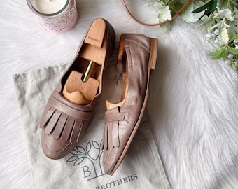 Mocasines de piel Benci Brothers para mujer, talla EU 37.5 US 7 UK 4.5. Zapatos italianos, mocasines marrones con flecos, piel suave, hechos en Italia.