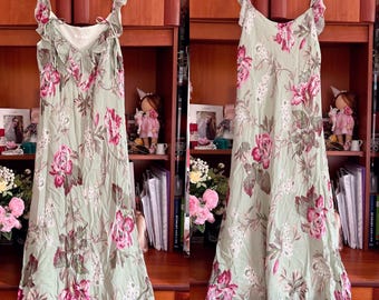 Vestido midi floral vintage de Marks & Spencer, talla UK 12 / EU 38 / US 6, años 2000, estilo Y2K, verde y rosa, para fiesta de verano.