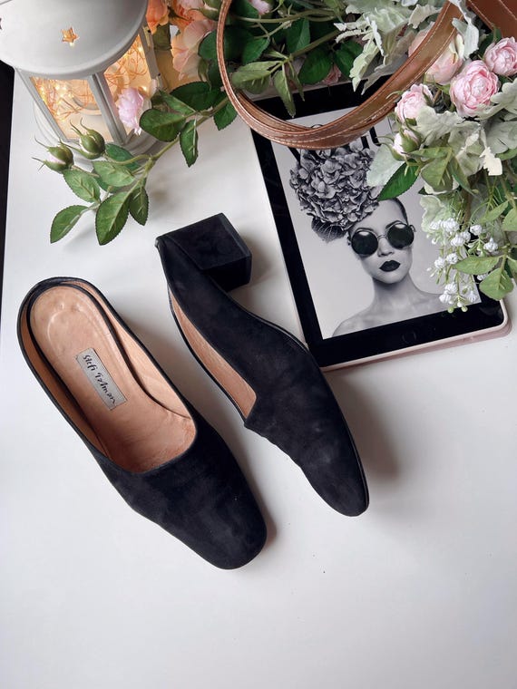 Vintage Stefi Talman Black Suede Leather Mules EU 39.5 / UK 6.5 / US 9 Block Heel Made in Italy 1980s-90s Designer Footwear Elegant Shoes