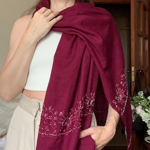 Vintage Wool Scarf with Embroidery and Beading | Press & Bastyan | Burgundy Fringed Shawl | Gift for her