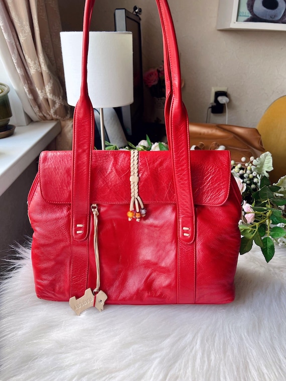 Vintage Radley Red Leather Shoulder Bag, Y2K Genuine Leather Handbag, British Designer Purse, Large Everyday Tote, Retro Women's Bag