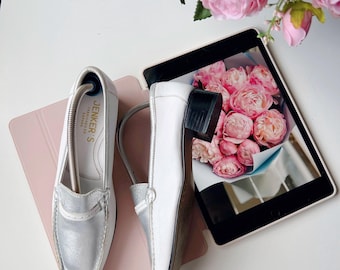 Vintage White Leather Loafers Women’s Size EU 37 / US 7 / UK 4,  Jenker's Made in Spain,  Retro Slip-On Shoes 90s Style