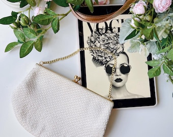 Bolso de mano vintage, bolso de noche hecho a mano con cadena dorada, elegante bolso de mano blanco con hilo dorado, estilo años 50 y 60