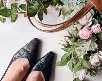 Peter Kaiser Black Leather Pumps | Size UK 6 / US 8.5 / EU 39 | Croc Embossed Heels | Classic Mid Heel Shoes | 5 cm Block Heel