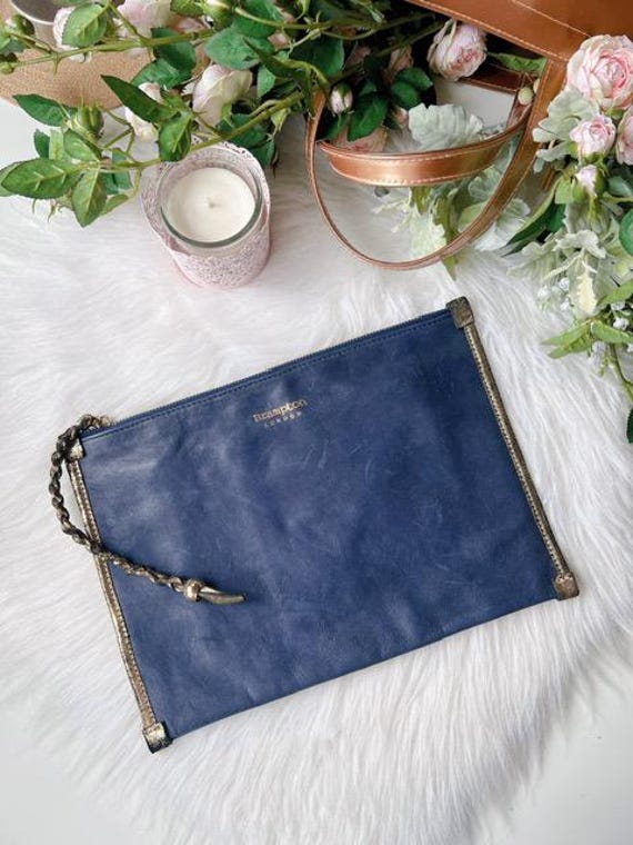 Minimalist Leather Clutch Bag Blue, iPad Sleeve, Vintage Style Leather Pouch, Soft Genuine Leather, Brampton London