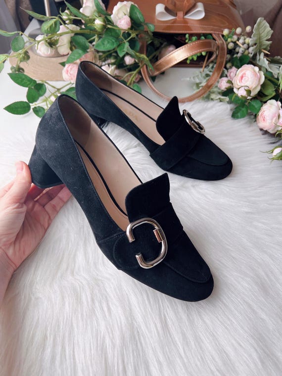 Prada Black Suede Loafers EU 38 / US 7.5-8 / UK 5 Made in Italy Block Heel Quiet Luxury Shoes