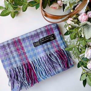 Vintage FRANGI Wool Scarf – Checkered Plaid – Blue, Purple & Pink – 76 cm / 30&quot; – Made in England - Unisex - Excellent Gif