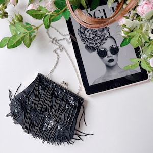 Vintage Black Beaded Fringe Evening Bag, Sequin Cocktail Purse, Art Deco 1920s Style Party Clutch with Chain Strap