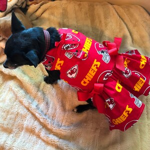 Puede incluir: Un perro peque&ntilde;o y negro con un vestido rojo y amarillo de los Kansas City Chiefs. El vestido presenta el logotipo de los Chiefs y la palabra "CHIEFS" en amarillo. El vestido tiene lazos rojos y una falda con volantes.