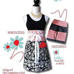 May include: A black and white apron with a red and white floral print waistband. The apron has a red pocket and a white ribbon tie. The apron is available in women's, teen's, child's, boy's, plus size, and men's sizes.