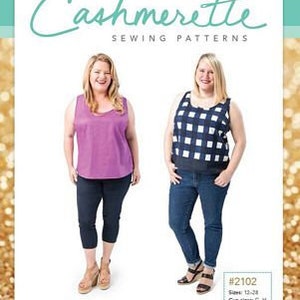 May include: Cashmerette Sewing Patterns #2102 Springfield Top pattern for sizes 12-28 and cup sizes C-H. The pattern shows two women wearing the top, one in a purple top and the other in a black and white gingham top.